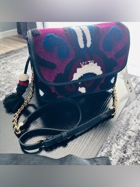 V°73 Italy Velvet Flap Crossbody Bag Tassel Chain Strap Burgundy NWT